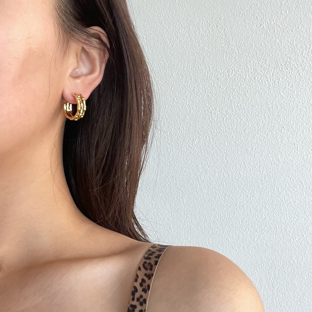 CLOSING SALE! 💕18K Gold Plated Sparky Bamboo Shape Hoop Earrings - Picture 4 of 13